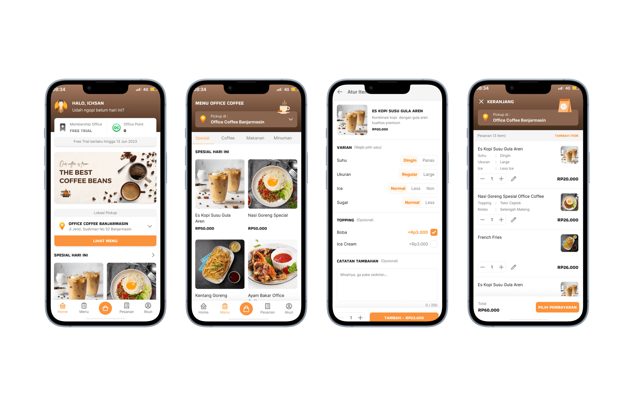 Home, menu, item options and cart screens