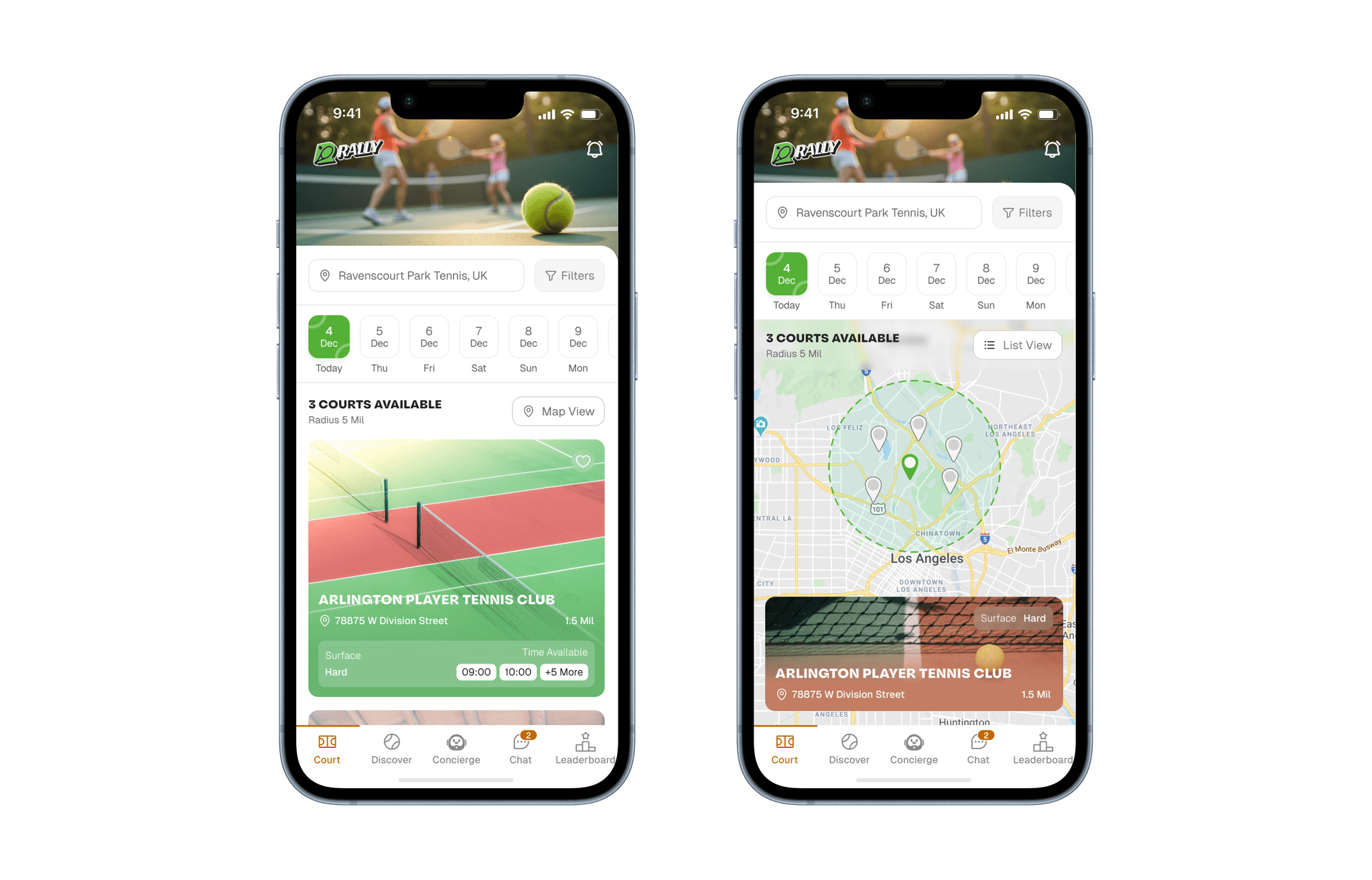 Rally app court booking screens