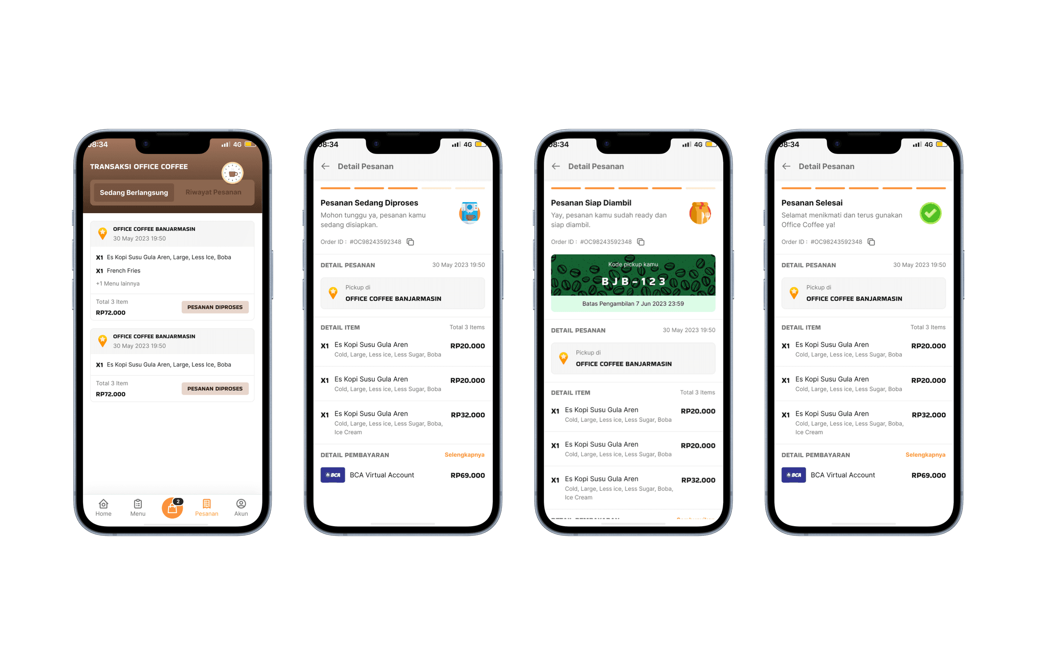 Transaction list and order detail screens