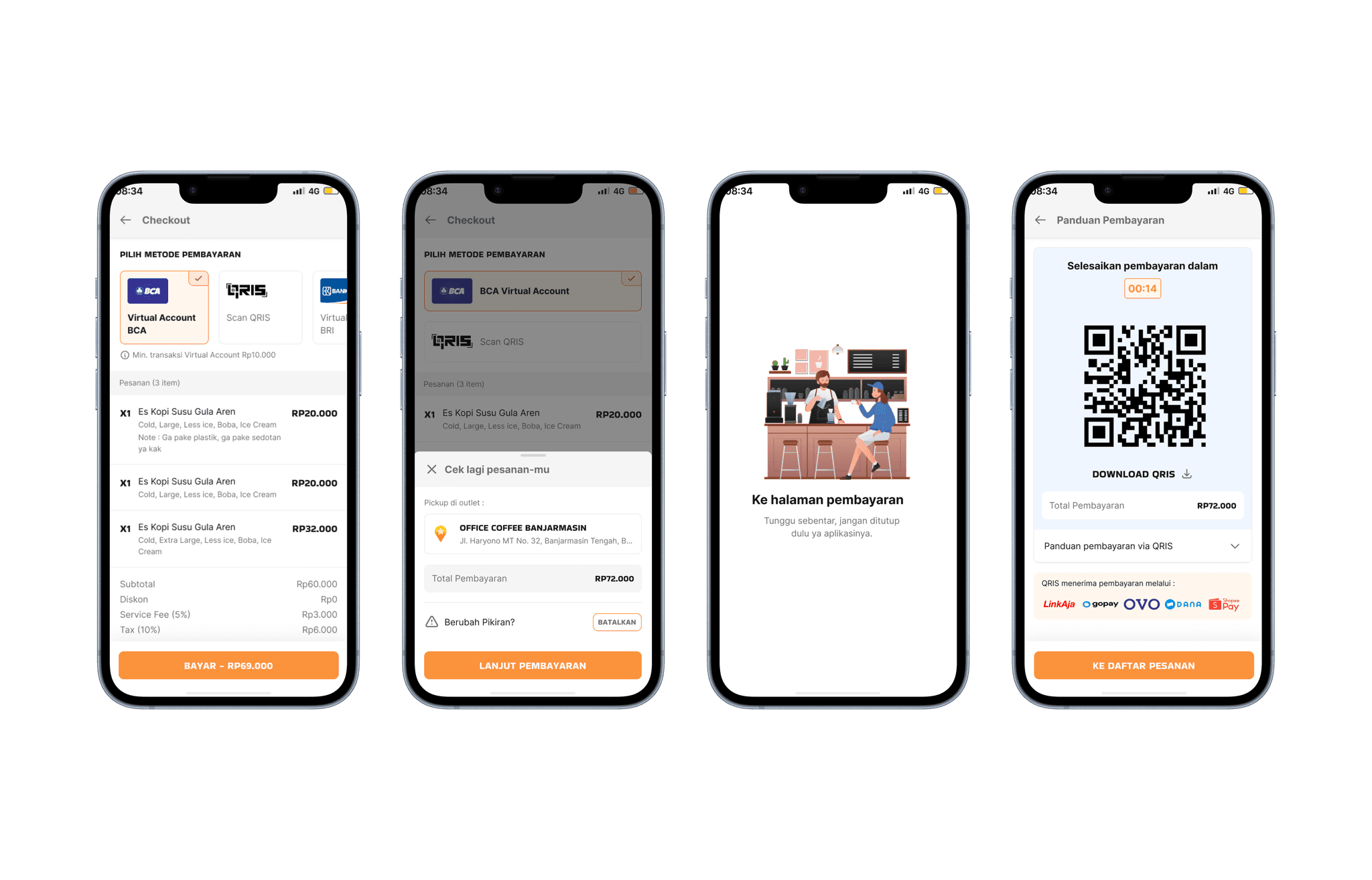Checkout, payment method and QRIS payment screens