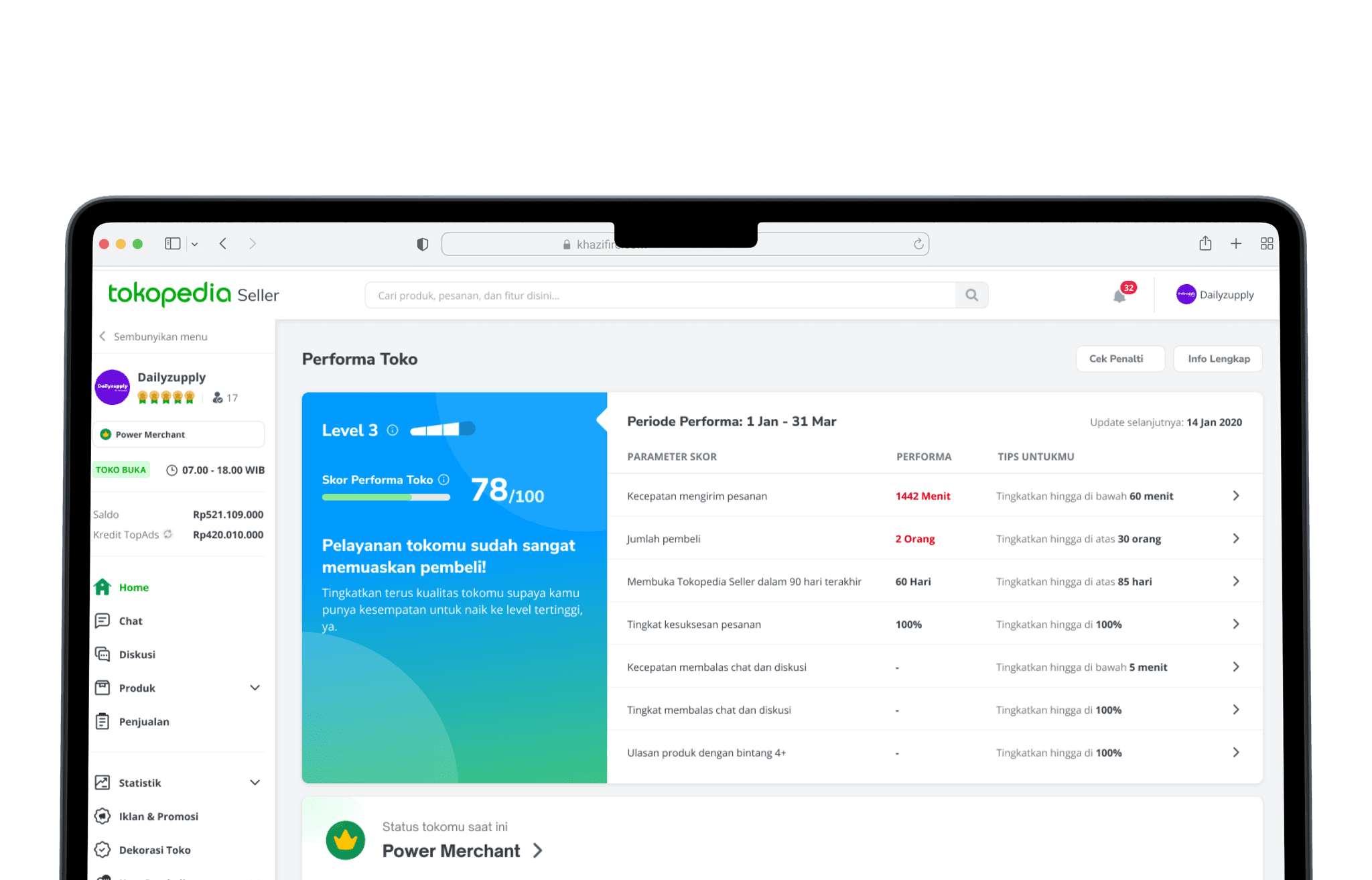 Shop Score dashboard in Tokopedia Seller